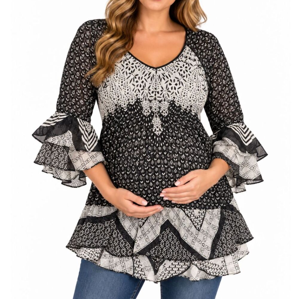 Jessica Simpson Maternity Black White Mixed Print Bell Sleeve Blouse | Medium